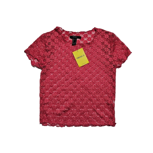 NWT Forever 21 Floral Cap Sleeve See Through Translucent Sheer Lace Top Coral XS - Picture 2 of 2